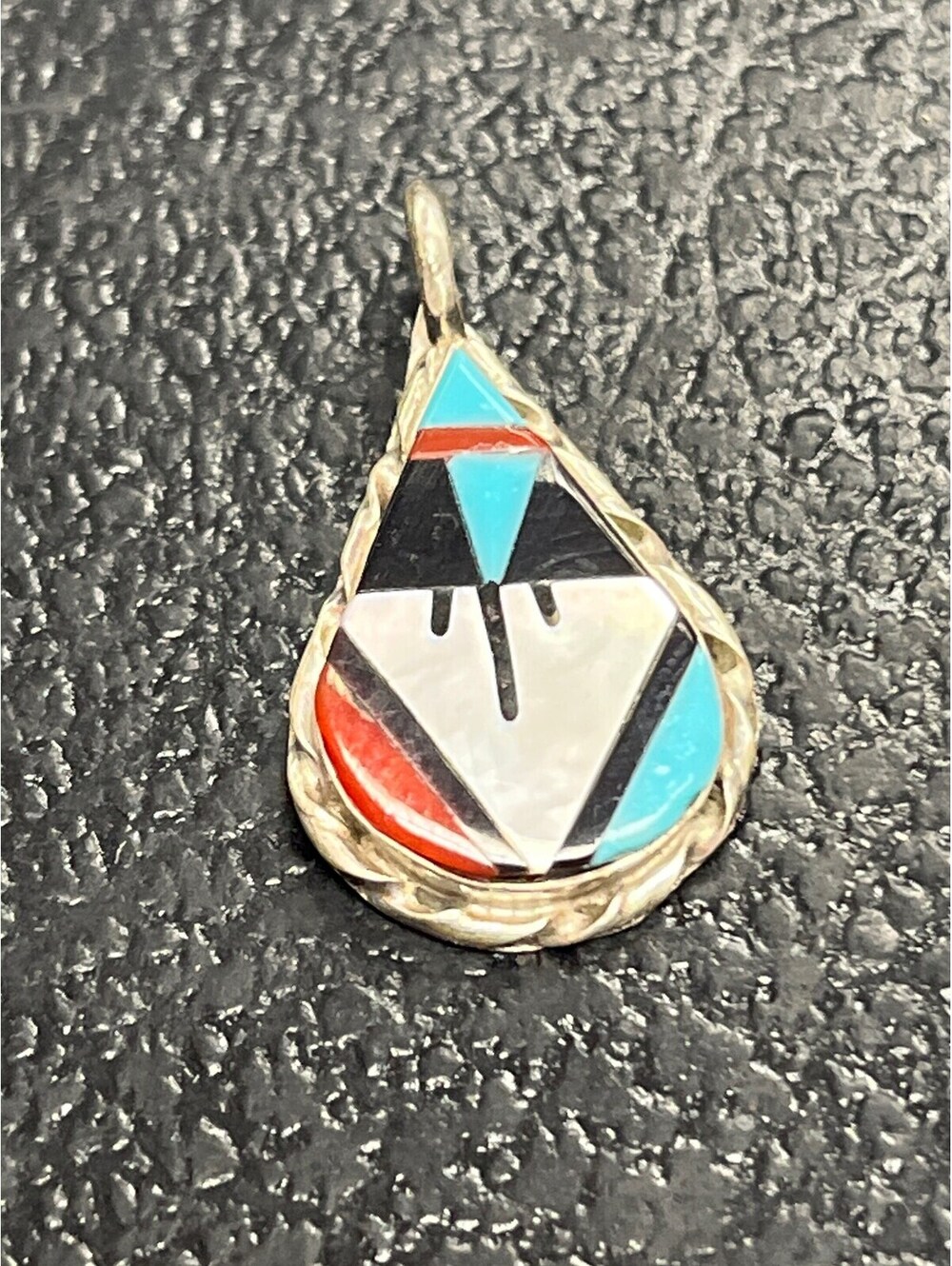 Native American Zuni handmade sterling silver turquoise multi inlay pendant